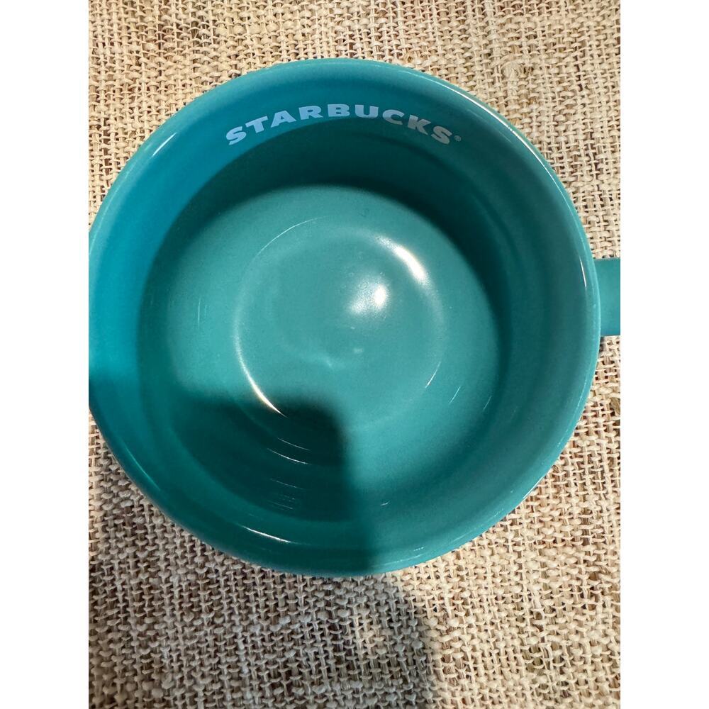 Starbucks 2022 Holiday Mug Spearmint Turquoise Green Floral Lace Ceramic - Picture 2 of 3